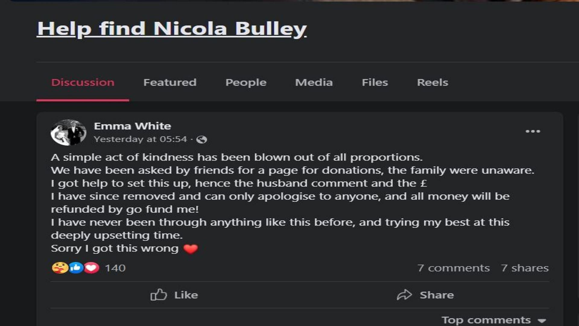 Emma White apologizes for creating GoFundMe (Image via snip from Facebook)