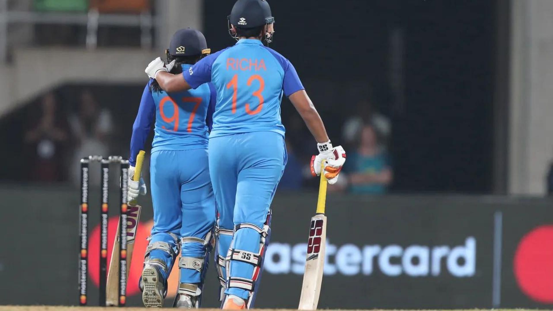 Richa Ghosh congratulating Devika Vaidya for her last-ball boundary to tie the game. (P.C.:BCCI)