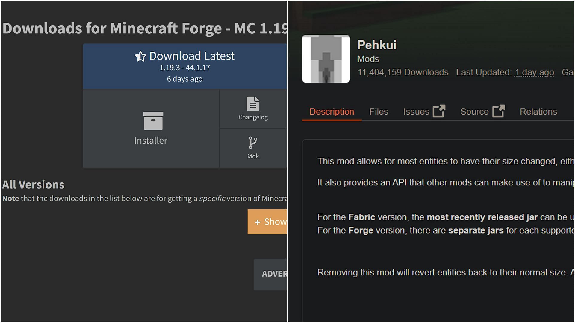 Download Forge API from their official website and the mod from CurseForge website for Minecraft (Image via Sportskeeda)