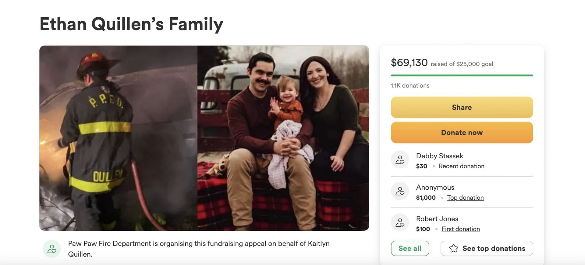 GoFundMe raises close to $70,000 for the firefighter&#039;s family. (Image via GoFundMe)