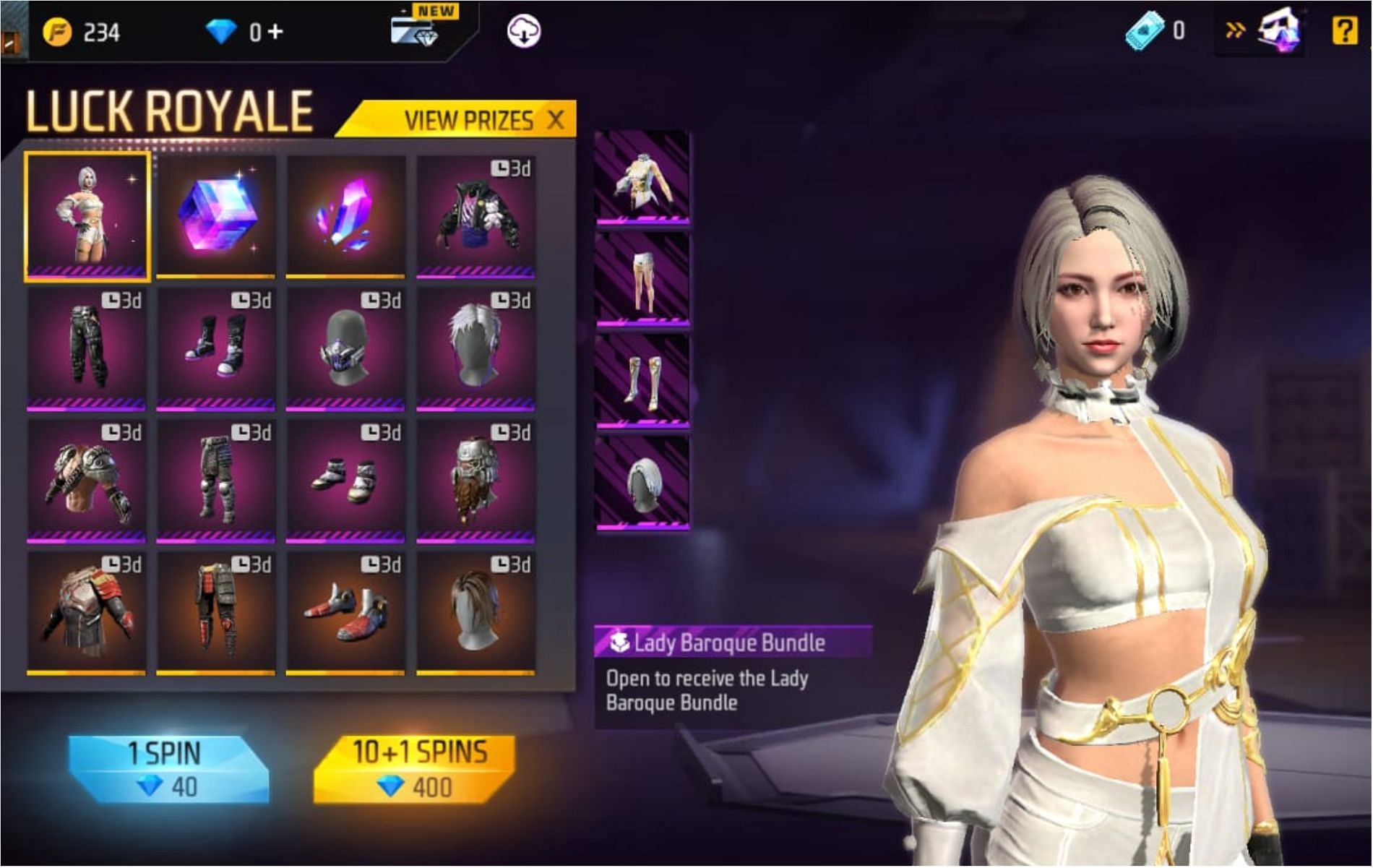 Get a chance to win an elegant-looking attire, plus loads of sleek costumes, masks, and shoes in Free Fire MAX&rsquo;S Diamond Royale (Image via Garena)
