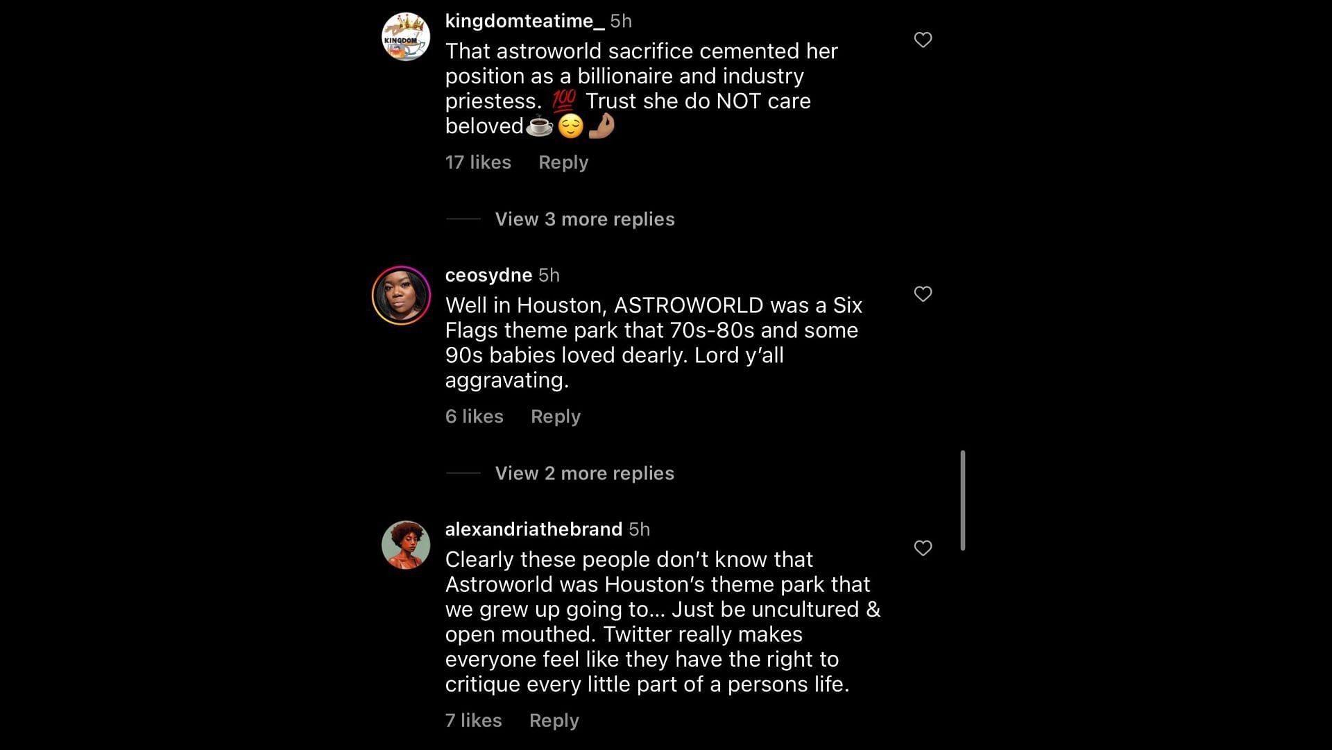 Screenshot of Instagram users remarking on Jenner&#039;s Astroworld-themed birthday celebration. (Image via Instagram)