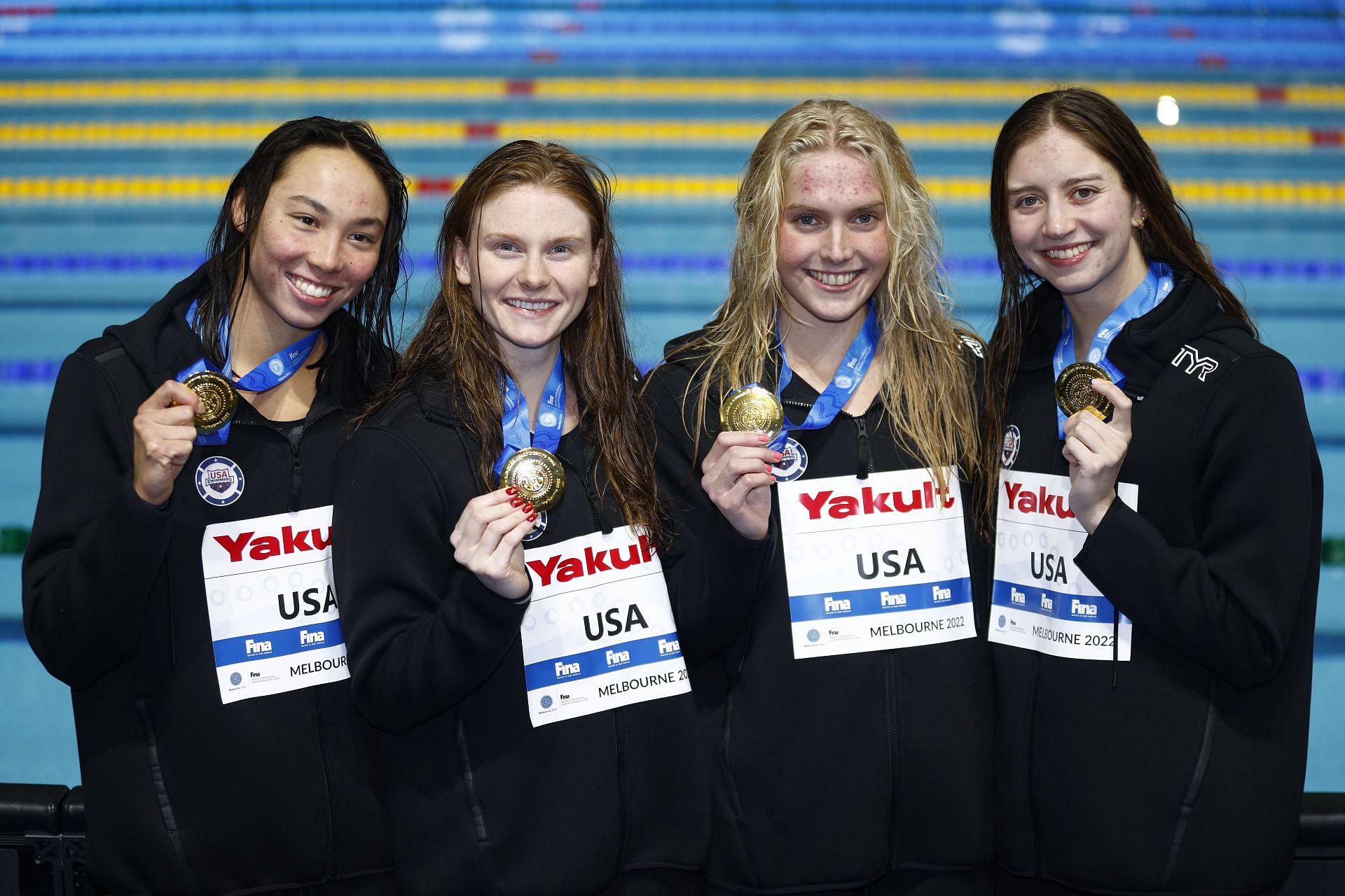 Gold medallists Torri Huske, Claire Curzan, Erika Brown, and Kate Douglass of the United States on day 3 of the 2022 FINA World Short Course Swimming Championships
