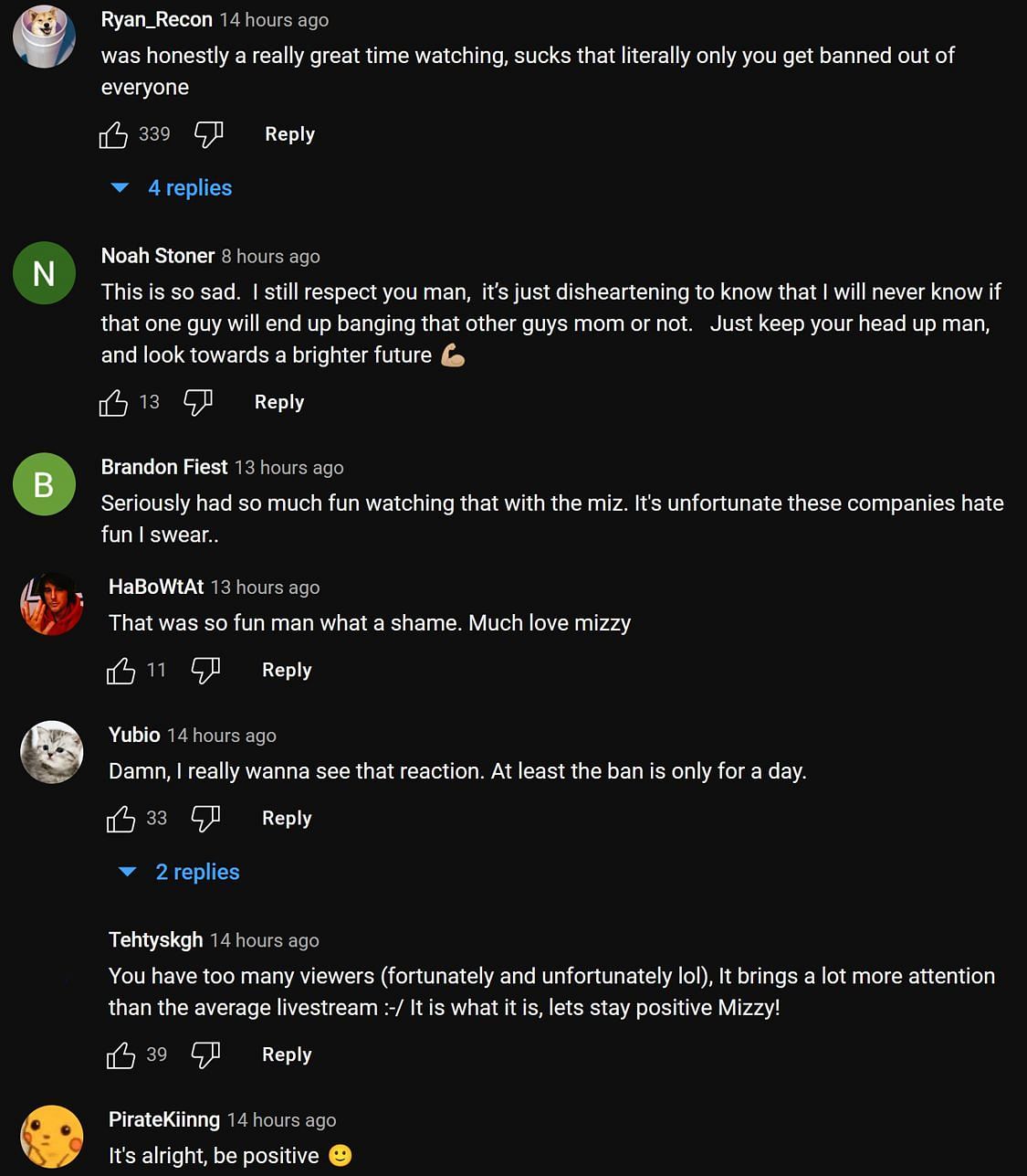 Fans in the YouTube comments section reacting to the streamer talking about his third Twitch ban (Image via Mizkif/YouTube)