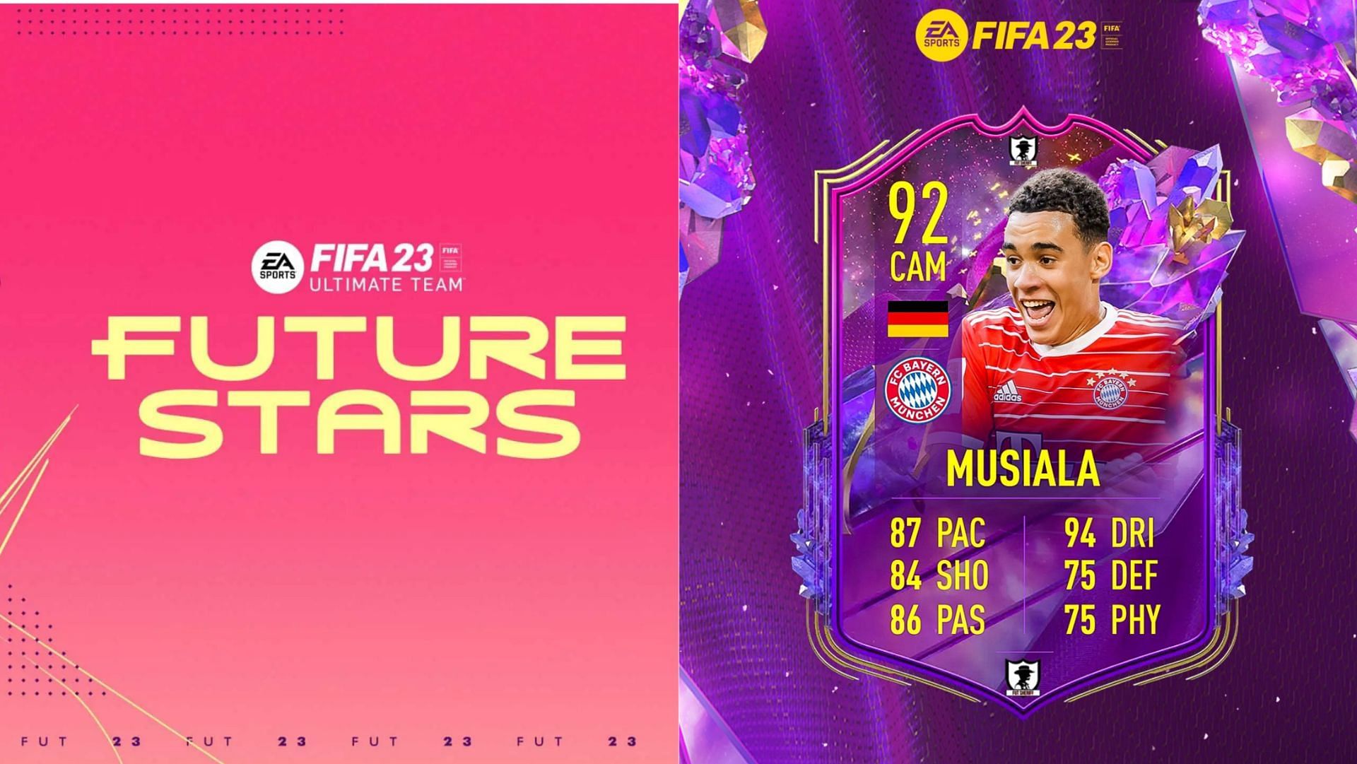 Jamal Musiala is slated to arrive as a Future Stars card in FIFA 23 (Image via EA Sports, Twitter/FUT Sheriff)