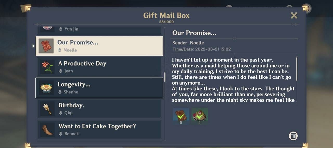 Noelle&#039;s birthday mail in 2022 (Image via Genshin Impact)