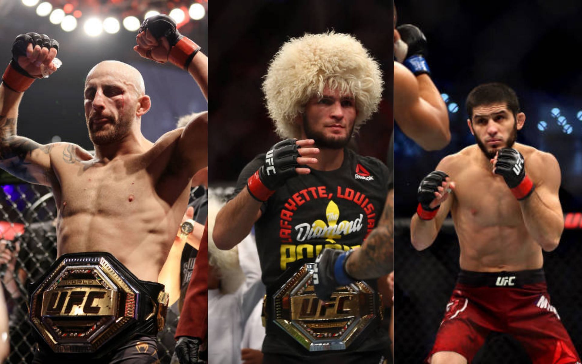 From left to right: Alexander Volkanovski, Khabib Nurmagomedov, and Islam Makhachev