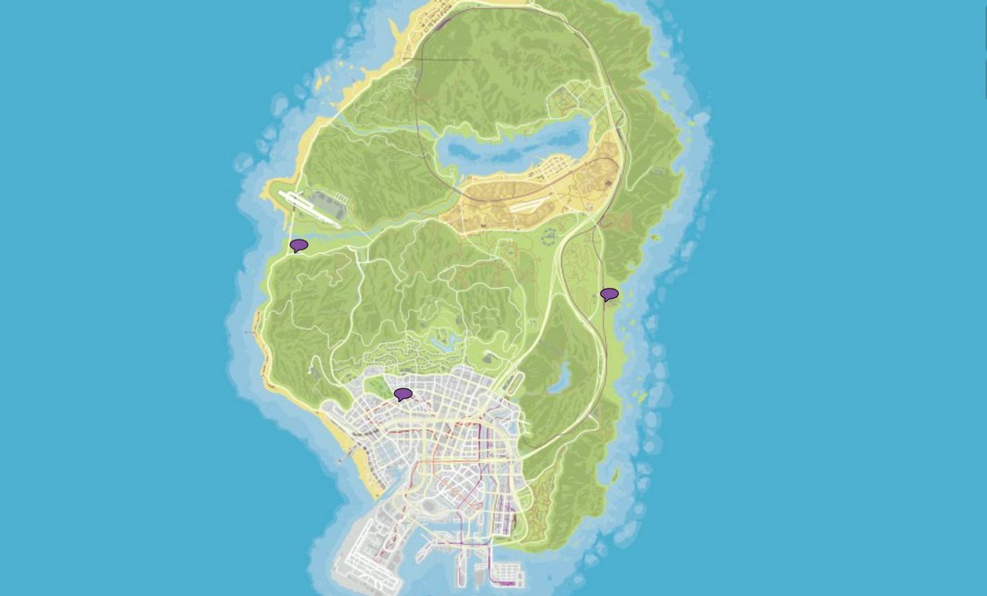This is a map that shows off all three locations by the purple speech button icon (Image via GTAWeb.eu)