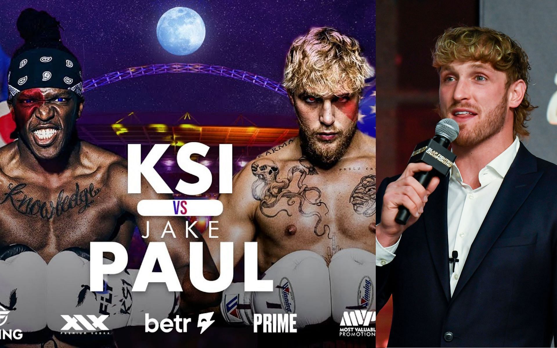 KSI vs Jake Paul poster (left) and Logan Paul (right). [Images courtesy: left image from YouTube Bim and right image from Getty Images]