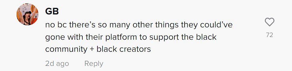 A comment criticizing the campaign (Image via TikTok/@GB)