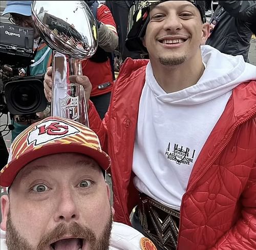 Garofalo with Patrick Mahomes and the duplicate trophy. Source: @VinnieGarofalo