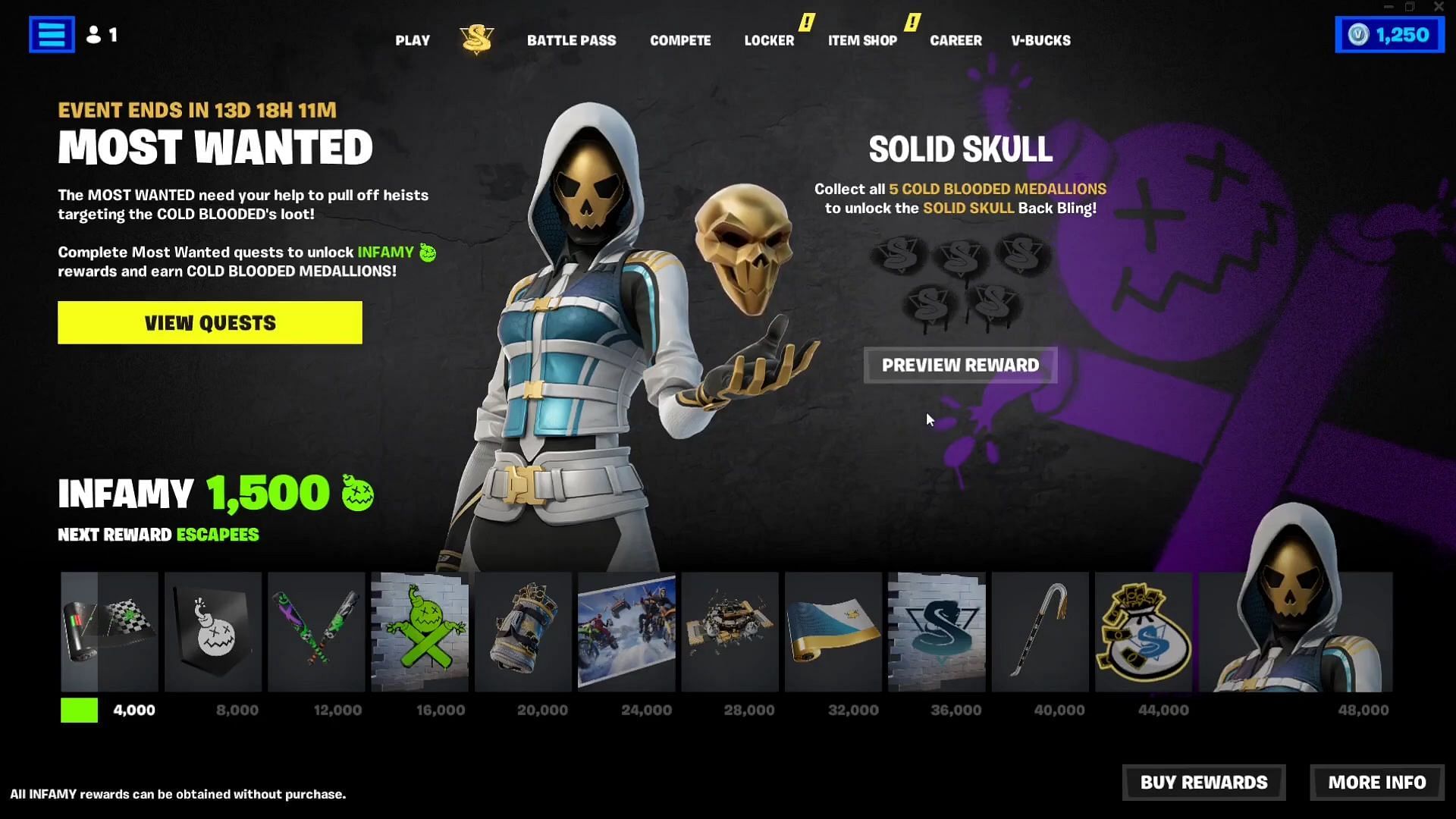 The Solid Skull back bling can be unlocked through the Most Wanted event (Image via Epic Games)