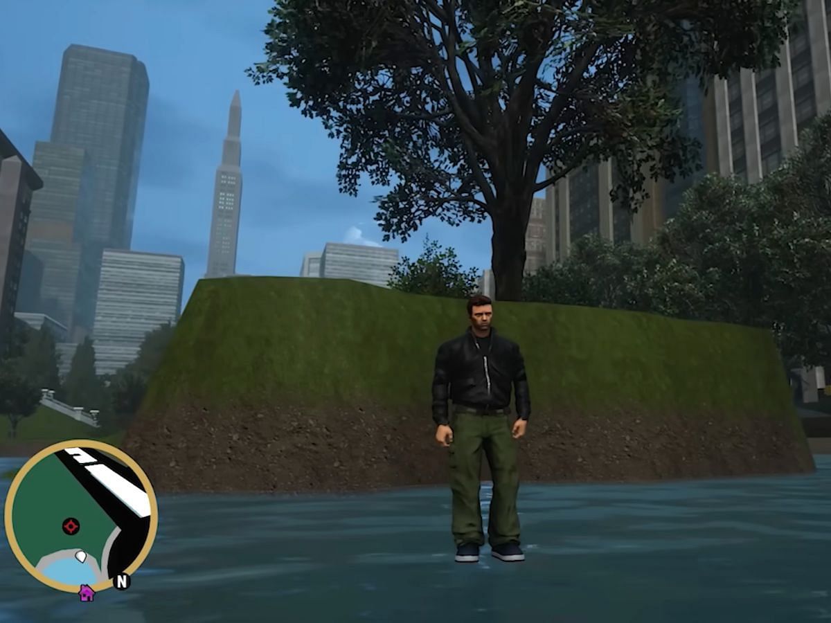 Claude can walk on water in GTA 3 Definitive Edition (Image via YouTube/Vammostga)