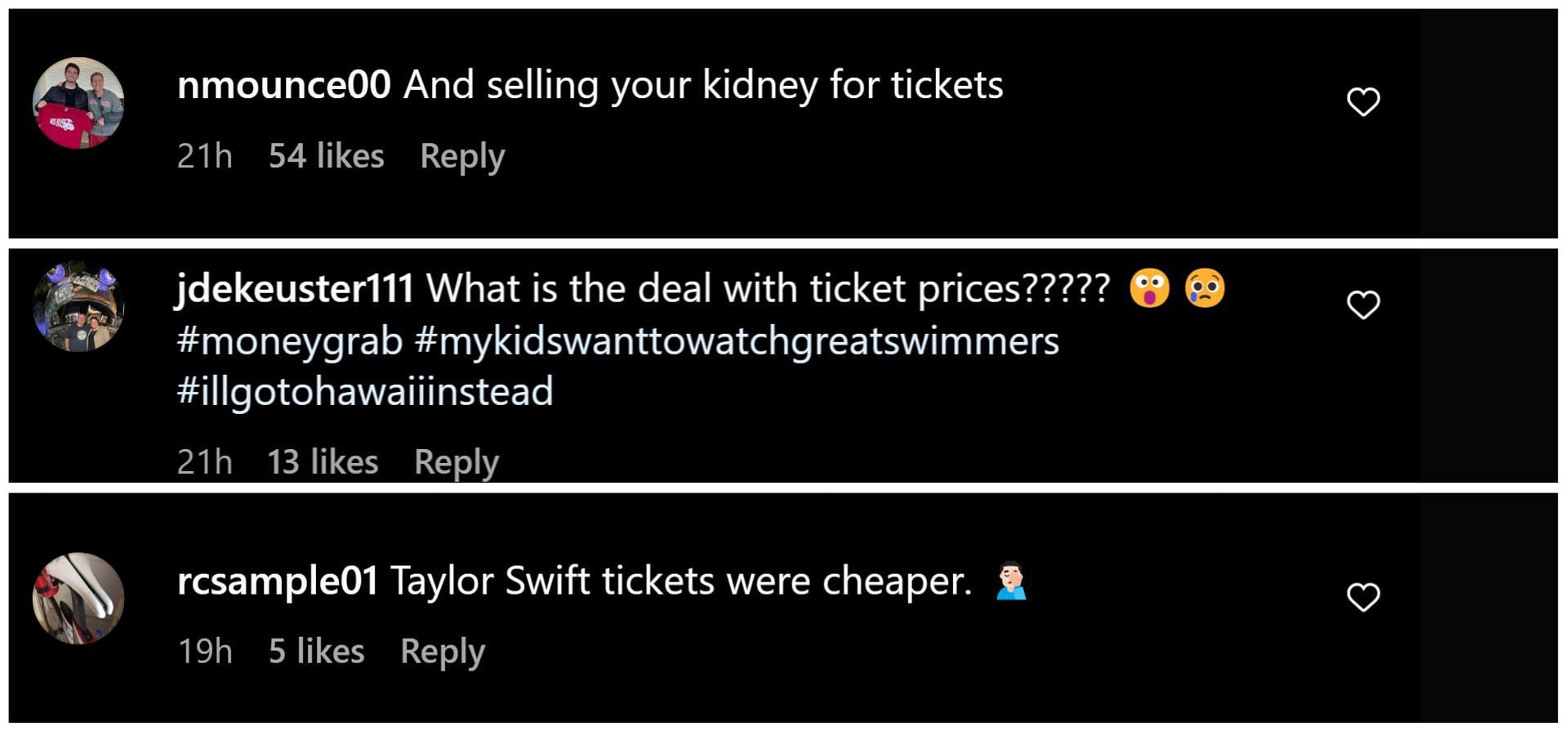 Fans rally in the comments section of an Instagram post made by USA Swimming, complaining about the exorbitant ticket prices for the 2024 National Olympic Trials: Image via Instagram (@usaswimming)