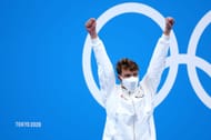 Gold medalist Robert Finke of Team United States poses in the podium of Men's 1500m Freestyle on day nine of the Tokyo 2020 Olympic Games at Tokyo Aquatics Centre on August 01, 2021 in Tokyo, Japan. (Photo by Maddie Meyer/Getty Images) (Photo by Maddie Meyer/Getty Images)