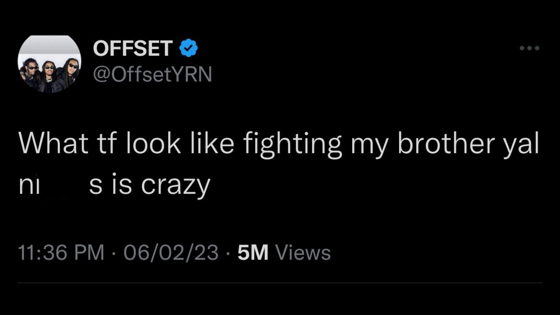 Screenshot of Offset's tweet addressing his alleged altercation with Quavo. (Image via Twitter/@OffsetYRN)