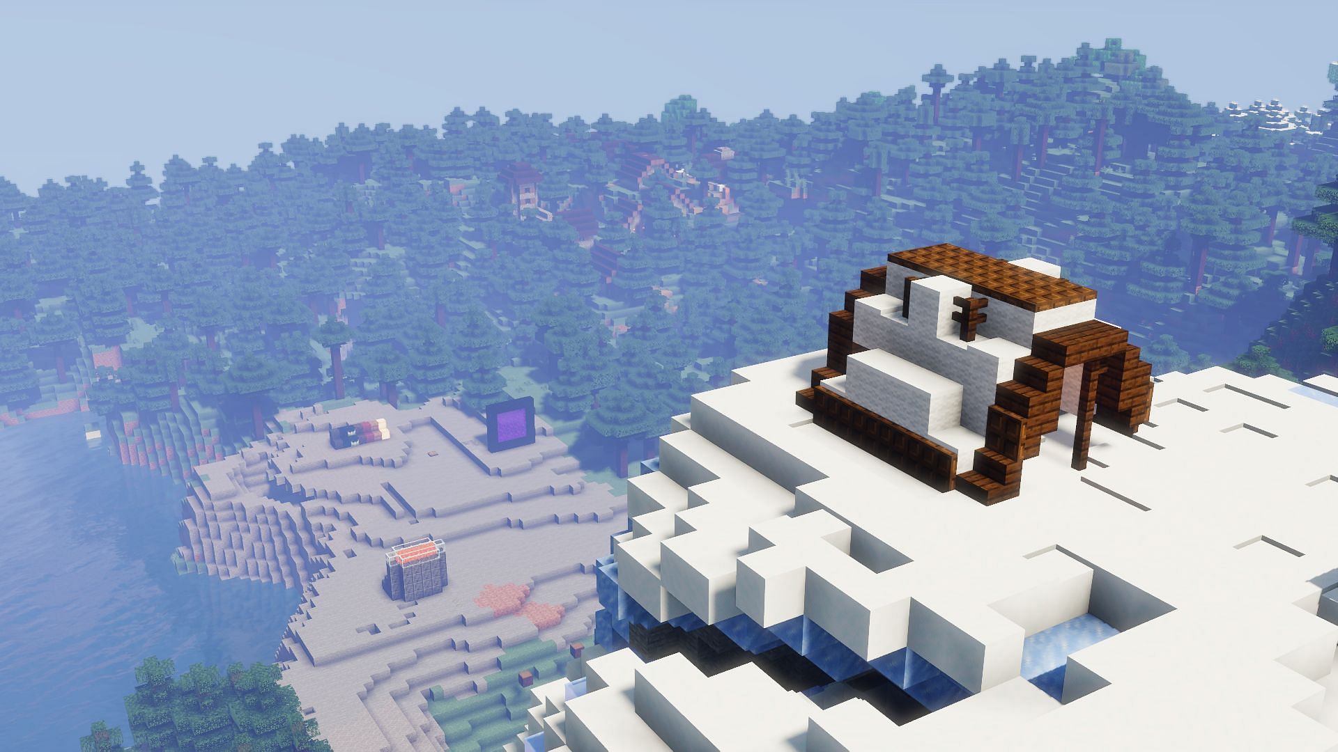 A picture of a hut and distant forest with BSL shaders in Minecraft 1.19.3 (Image via Mojang)