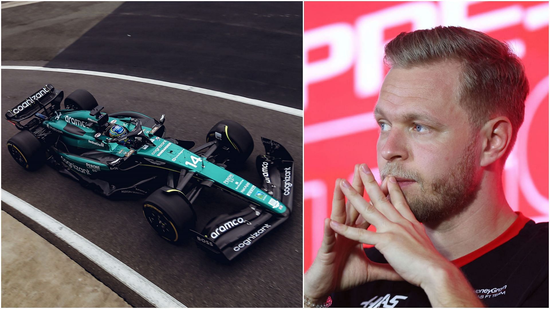 AMR23 (Left) and Kevin Magnussen (Right) (Collage via Sportskeeda)