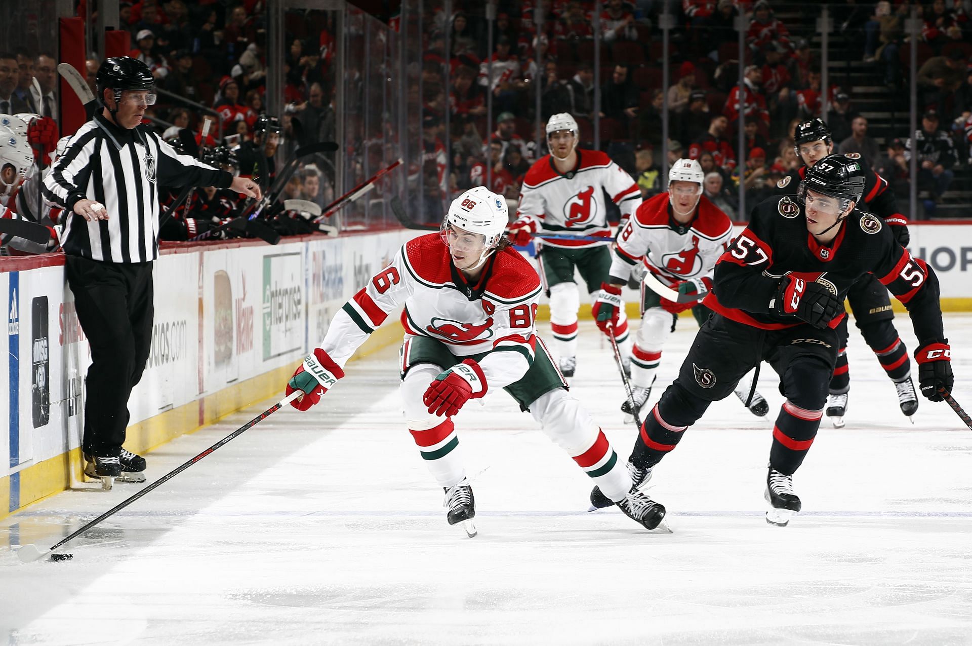 New Jersey Devils players in action during an NHL game