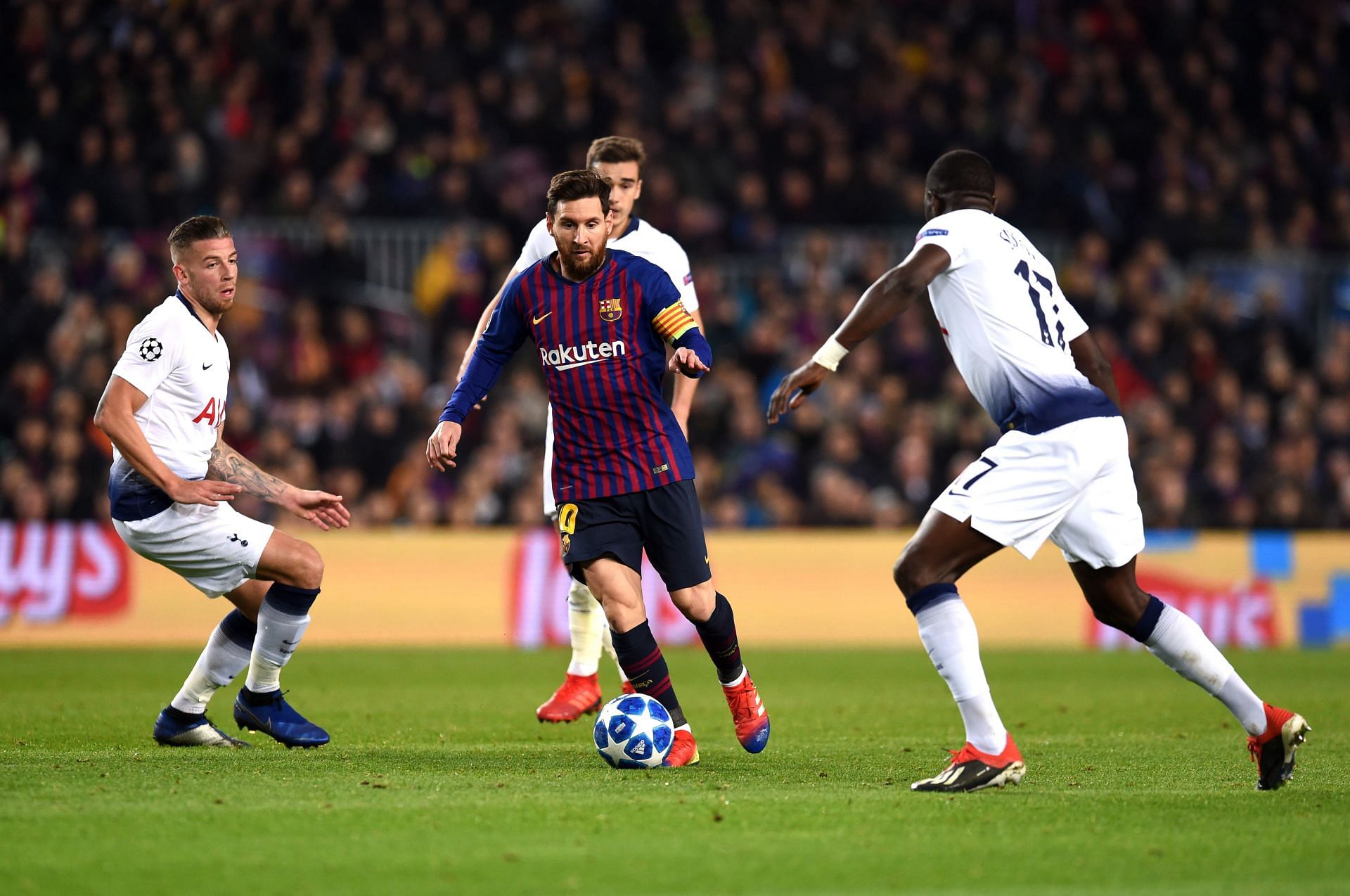 Lionel Messi (centre) was a nightmare for Tottenham&#039;s defence.