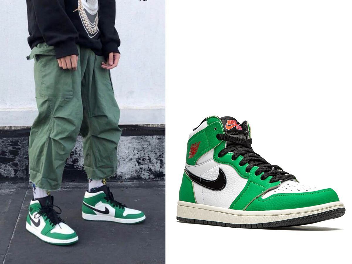 AJ 1 Retro High OG &quot;Lucky Green&quot; sneakers with black upper and light green lower (Image via Sole Supplier)