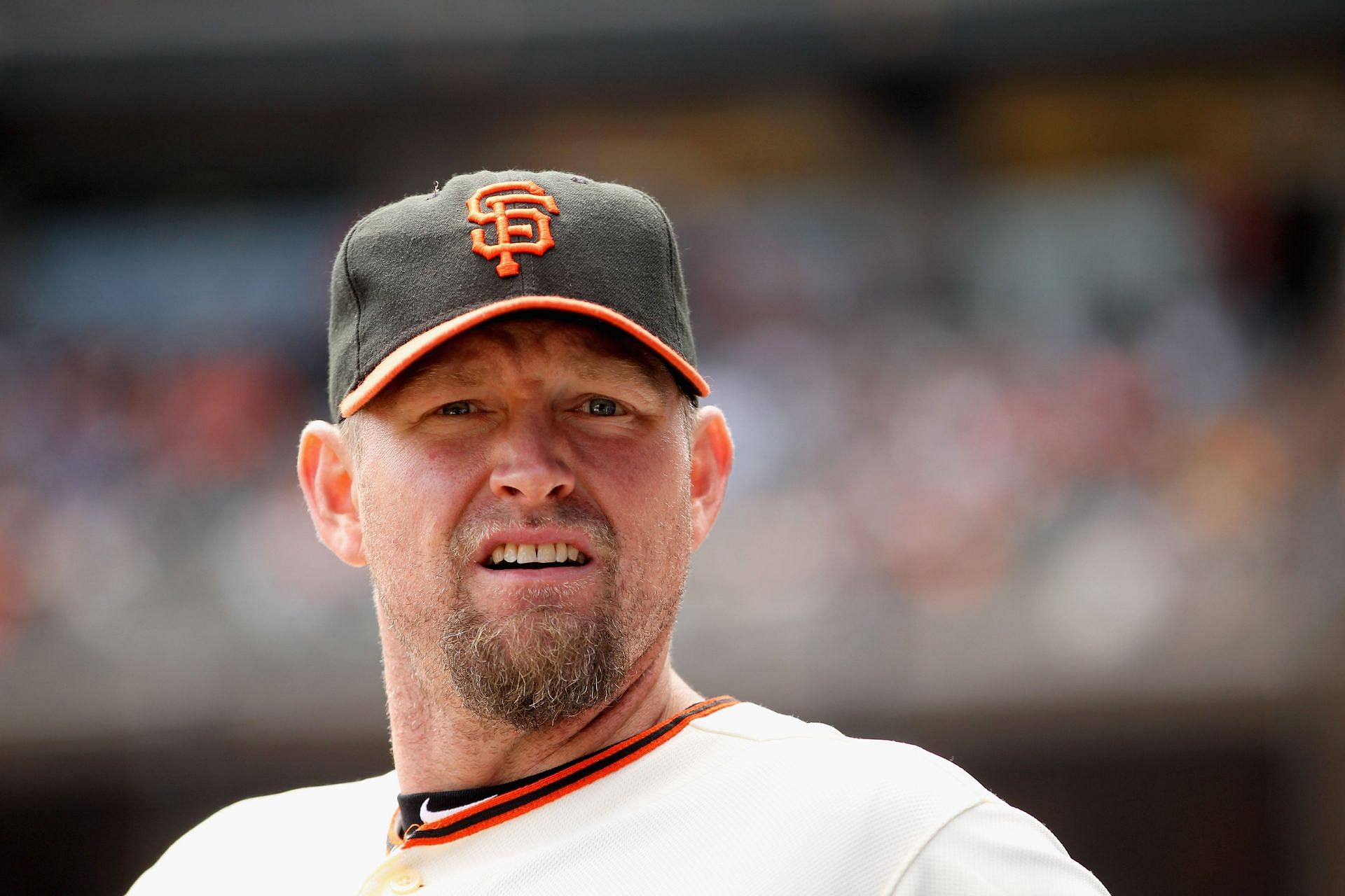 Arizona Diamondbacks v San Francisco Giants: SAN FRANCISCO, CA - SEPTEMBER 04: Aubrey Huff #17 of the San Francisco Giants stands in the dugout during their game against the Arizona Diamondbacks at AT&amp;T Park on September 4, 2011, in San Francisco, California. (Photo by Ezra Shaw/Getty Images)