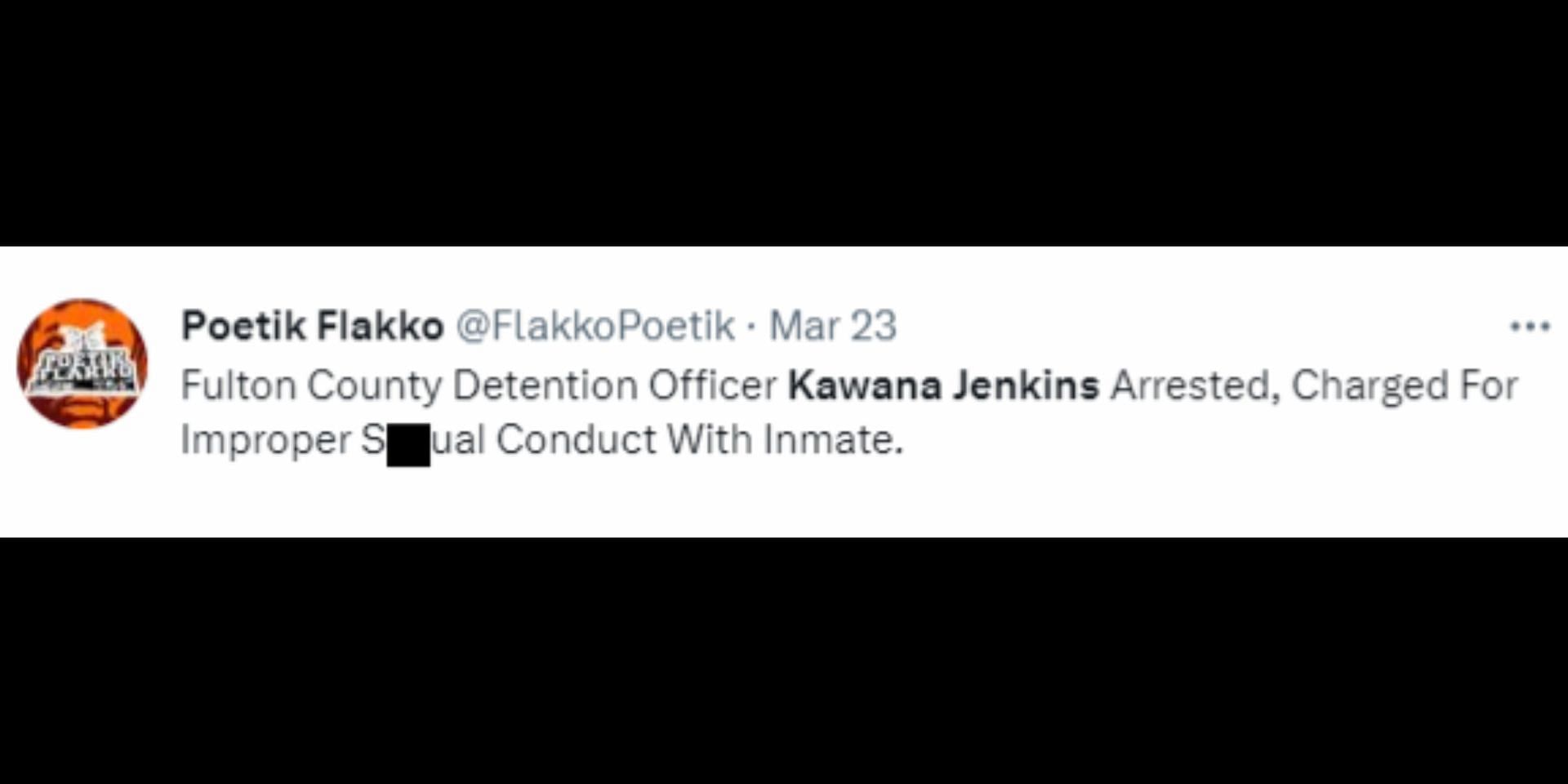 Fulton County detention officer Kawana Jenkins was fired and arrested (Image via Twitter/@FlakkoPoetik)