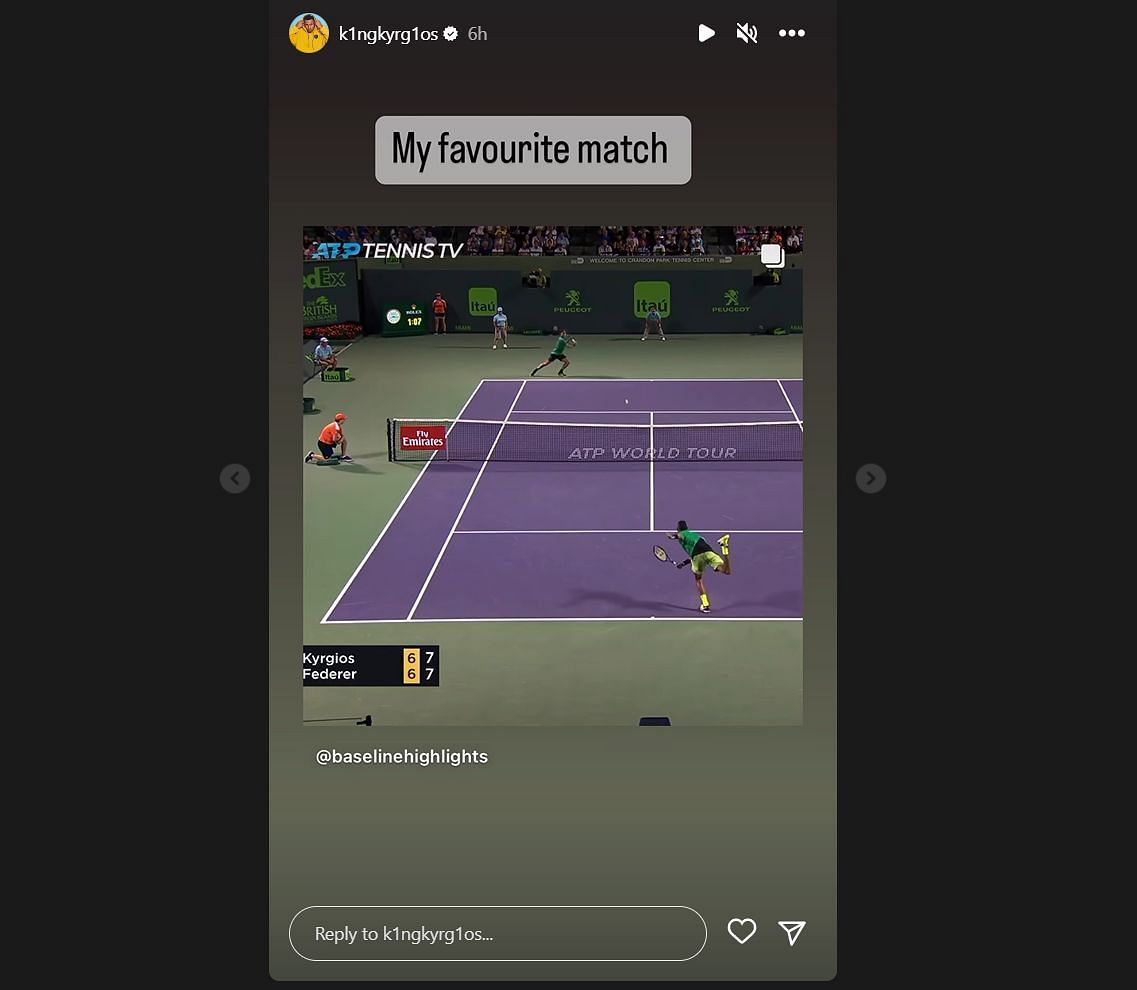 Nick Kyrgios reacts to his 2017 Miami Open match against Roger Federer (Via Instagram).