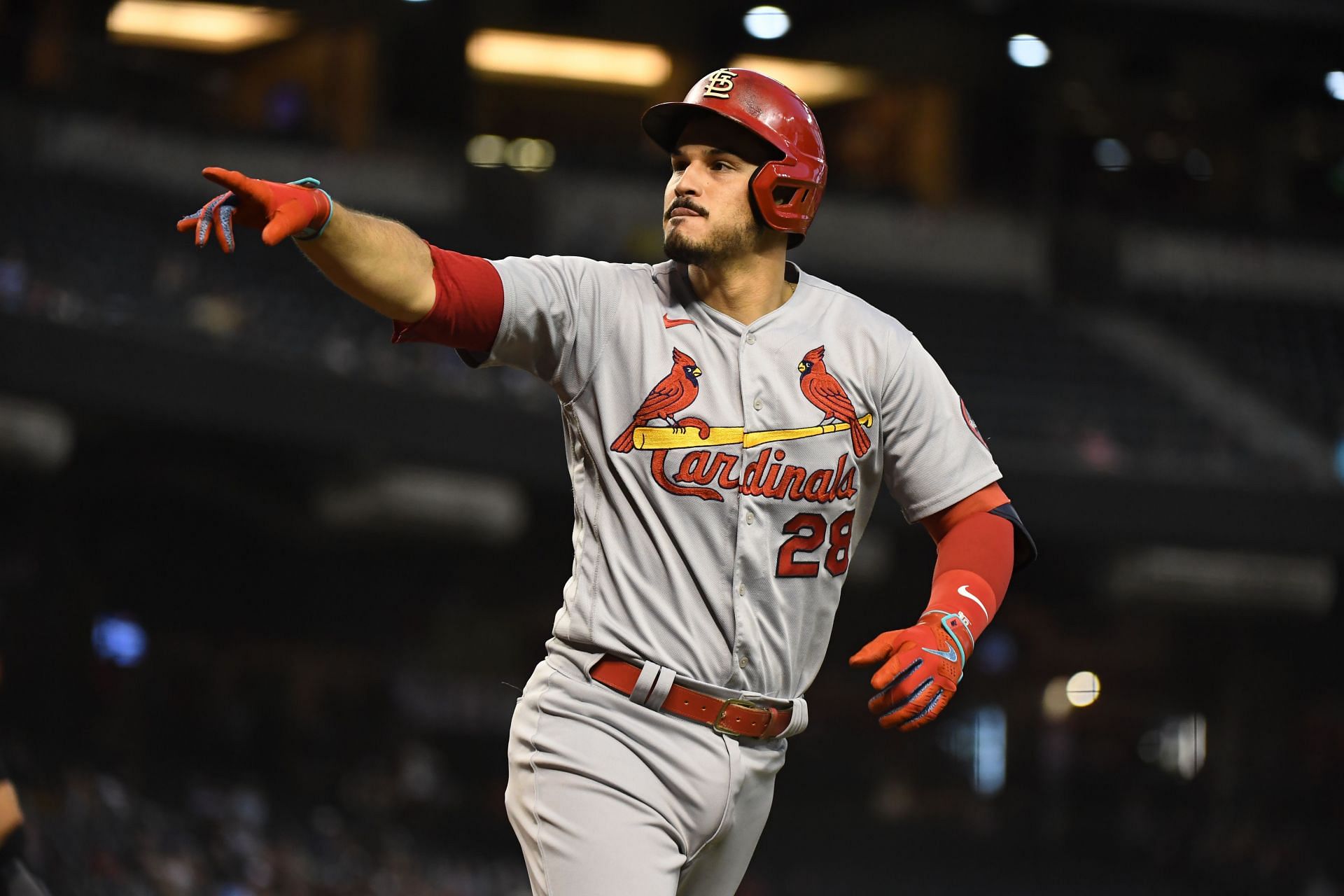 Nolan Arenado of St Louis Cardinals gestures after hitting a solo home run off Madison Bumgarner of Arizona Diamondbacks at Chase Field in Phoenix, Arizona (Photo by Norm Hall/Getty Images)
