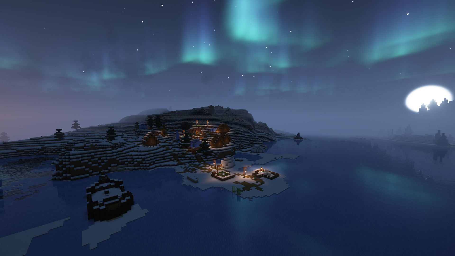 A snowy village and a shipwreck in Minecraft (Image via Mojang)
