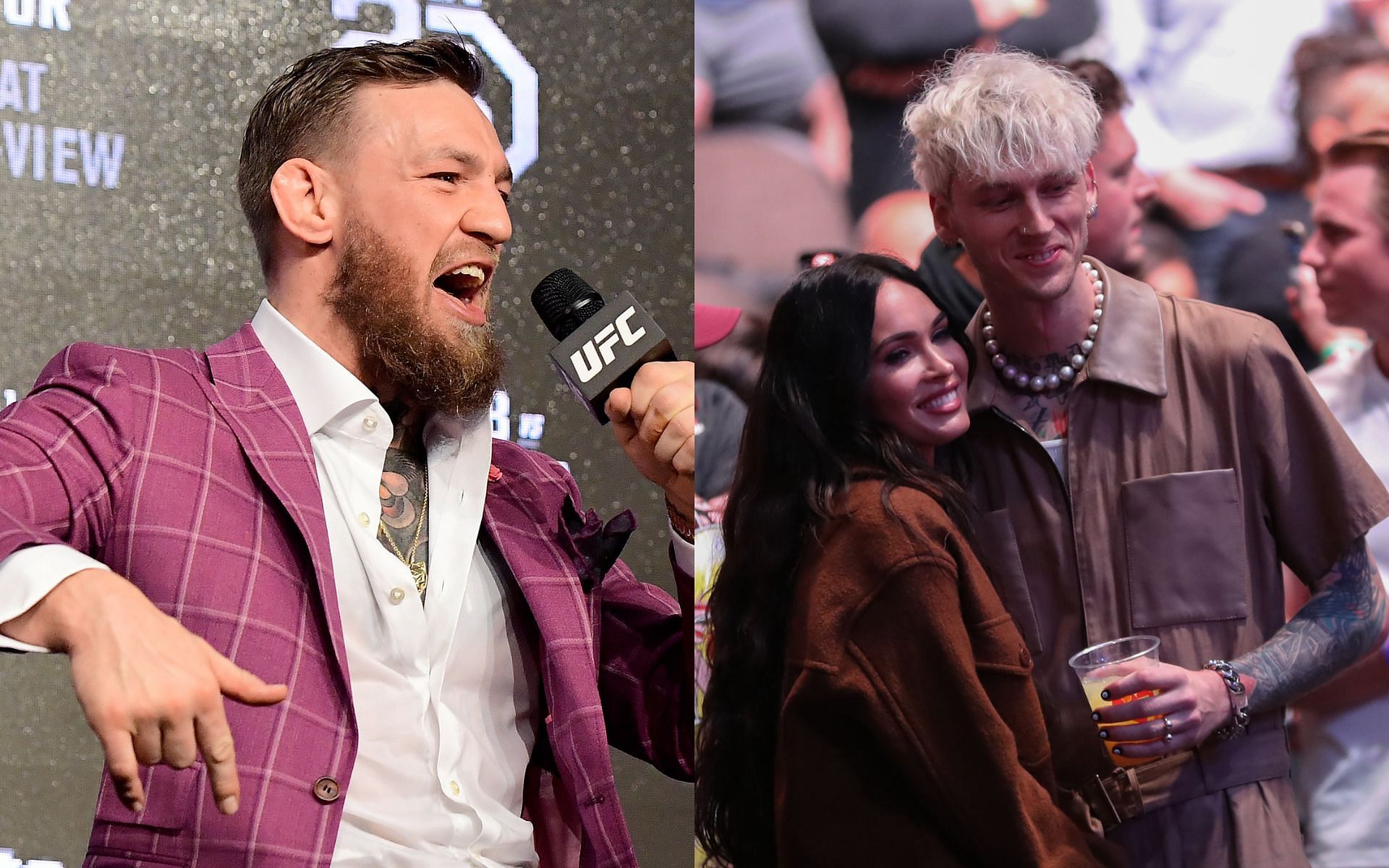 Conor McGregor (Left); Megan Fox and Machine Gun Kelly in attendance at UFC 261 in April 2021 (Right)