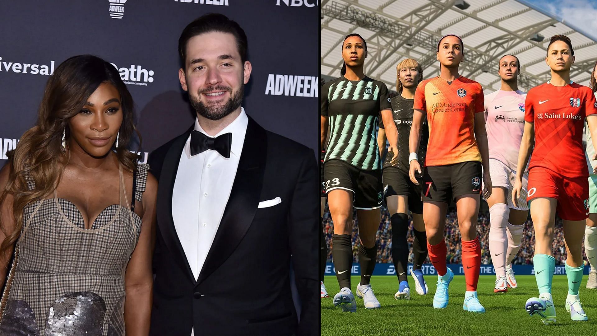 Serena Williams and Alexis Ohanian (L) and NWSL in EA Sports FIFA games (R)