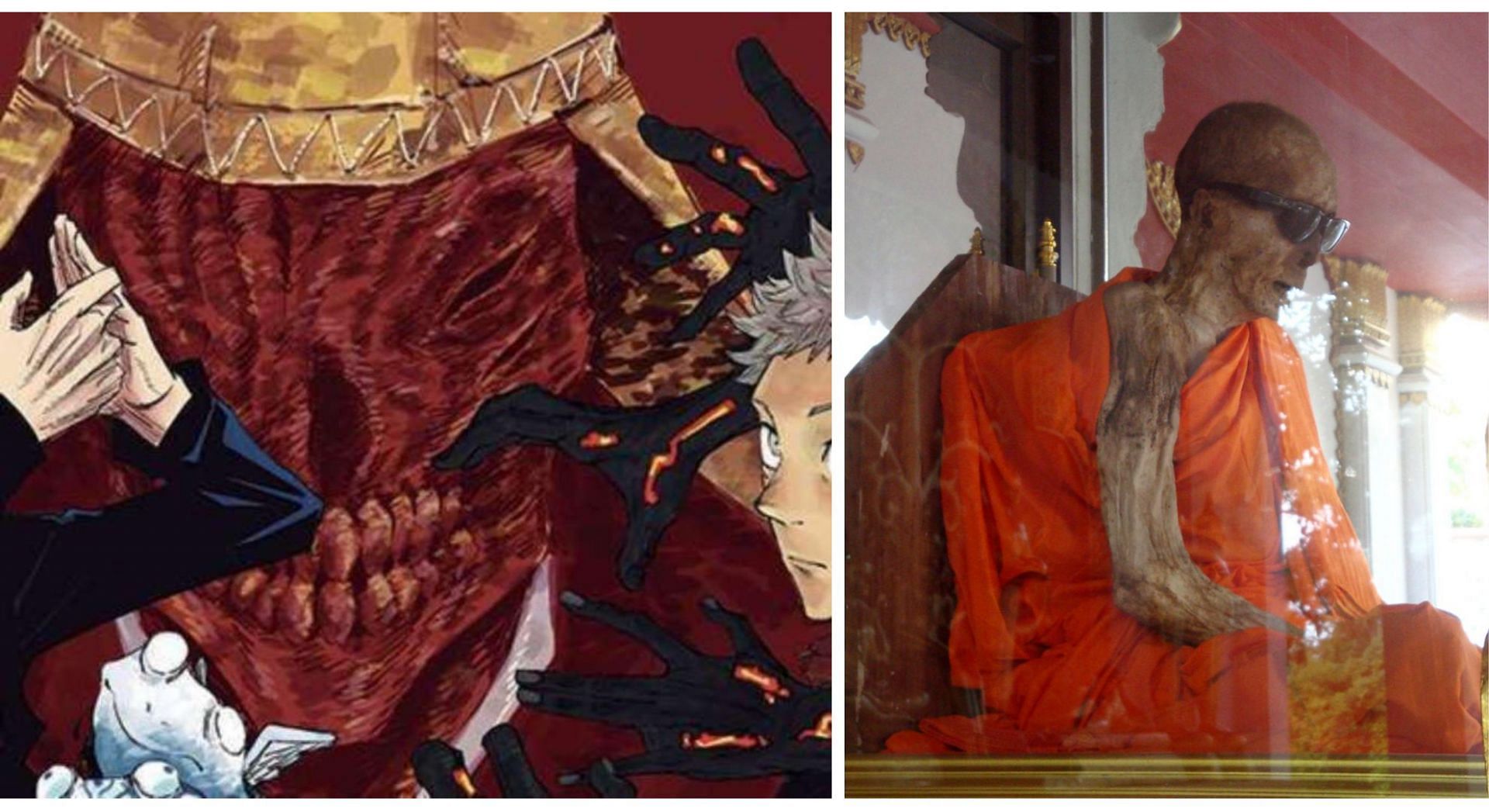 A closer comparison of the manga cover vs. a mummified monk (Image via Sportskeeda)