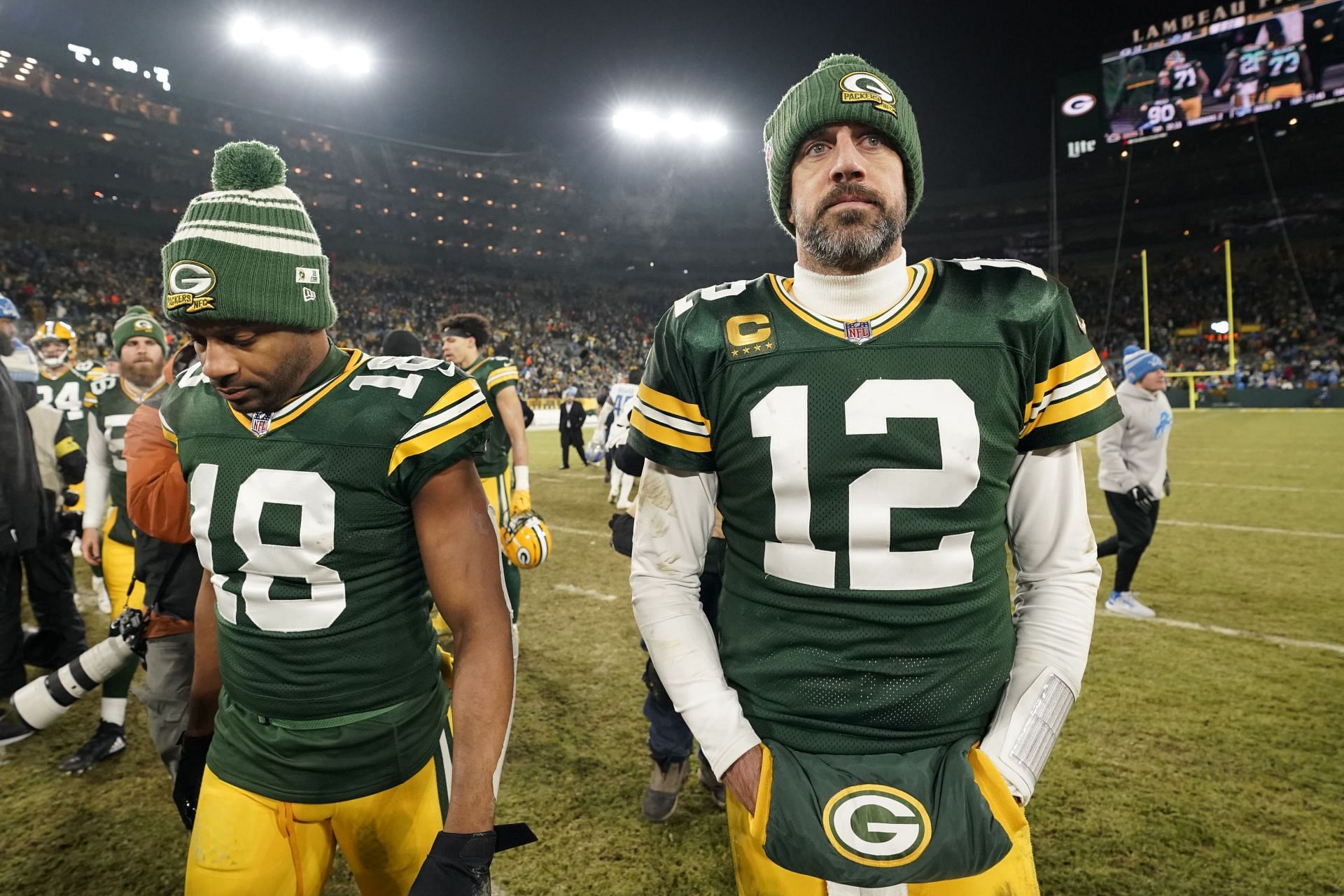 Rodgers (right) at Detroit Lions v Green Bay Packers