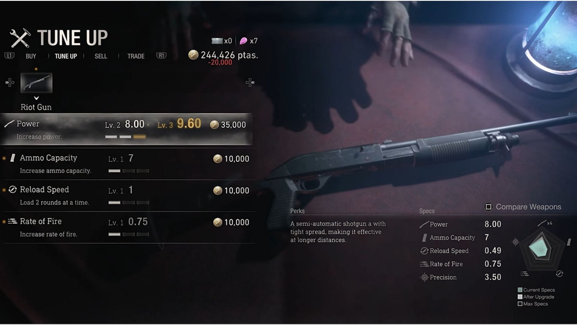 Riot Gun Level 1 stats in Resident Evil 4 Remake (Image via FP Good Game/YouTube)