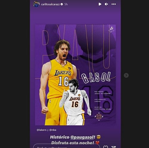 Carlos Alcaraz congratulates Pau Gasol (Image via Instagram).