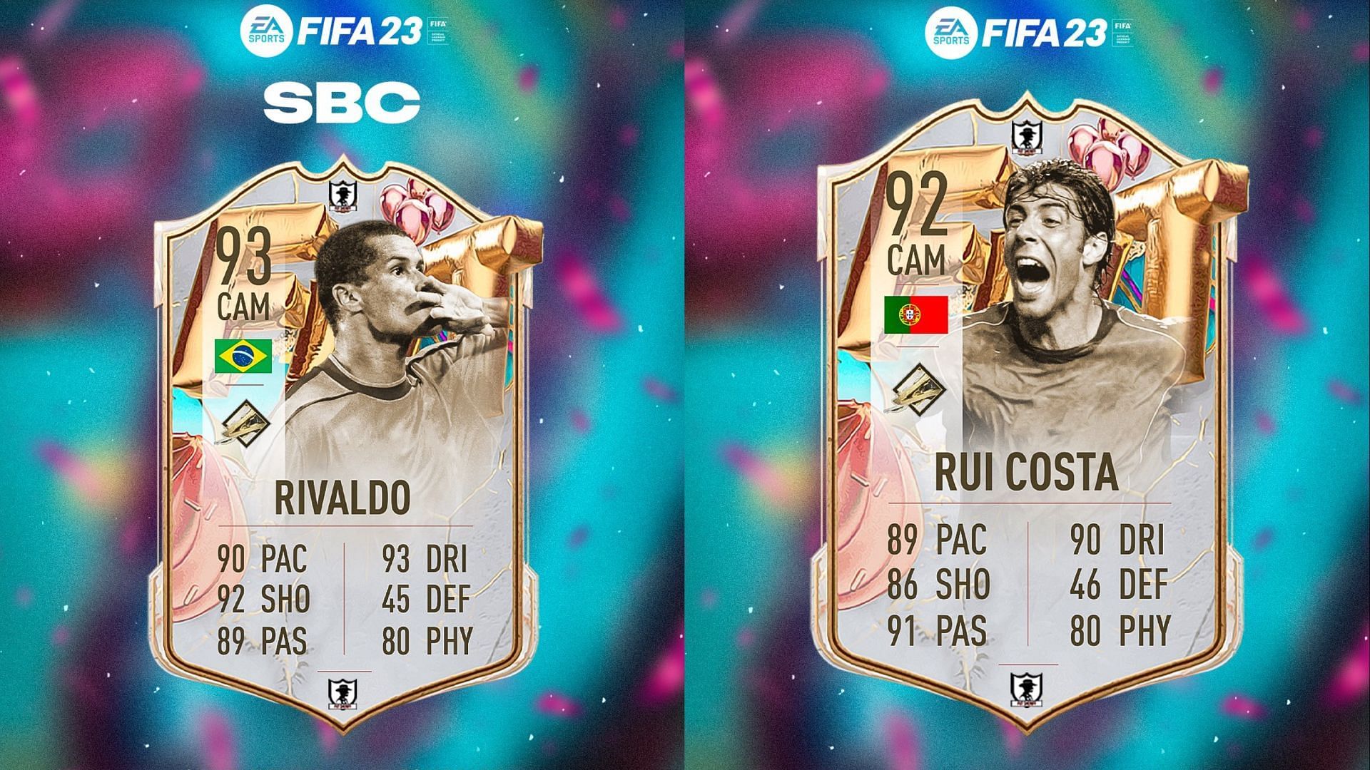 Rivaldo and Rui Costa&rsquo;s FUT Birthday Icon cards could be valuable assets for FIFA 23 players (Images via Twitter/FUT Sheriff)