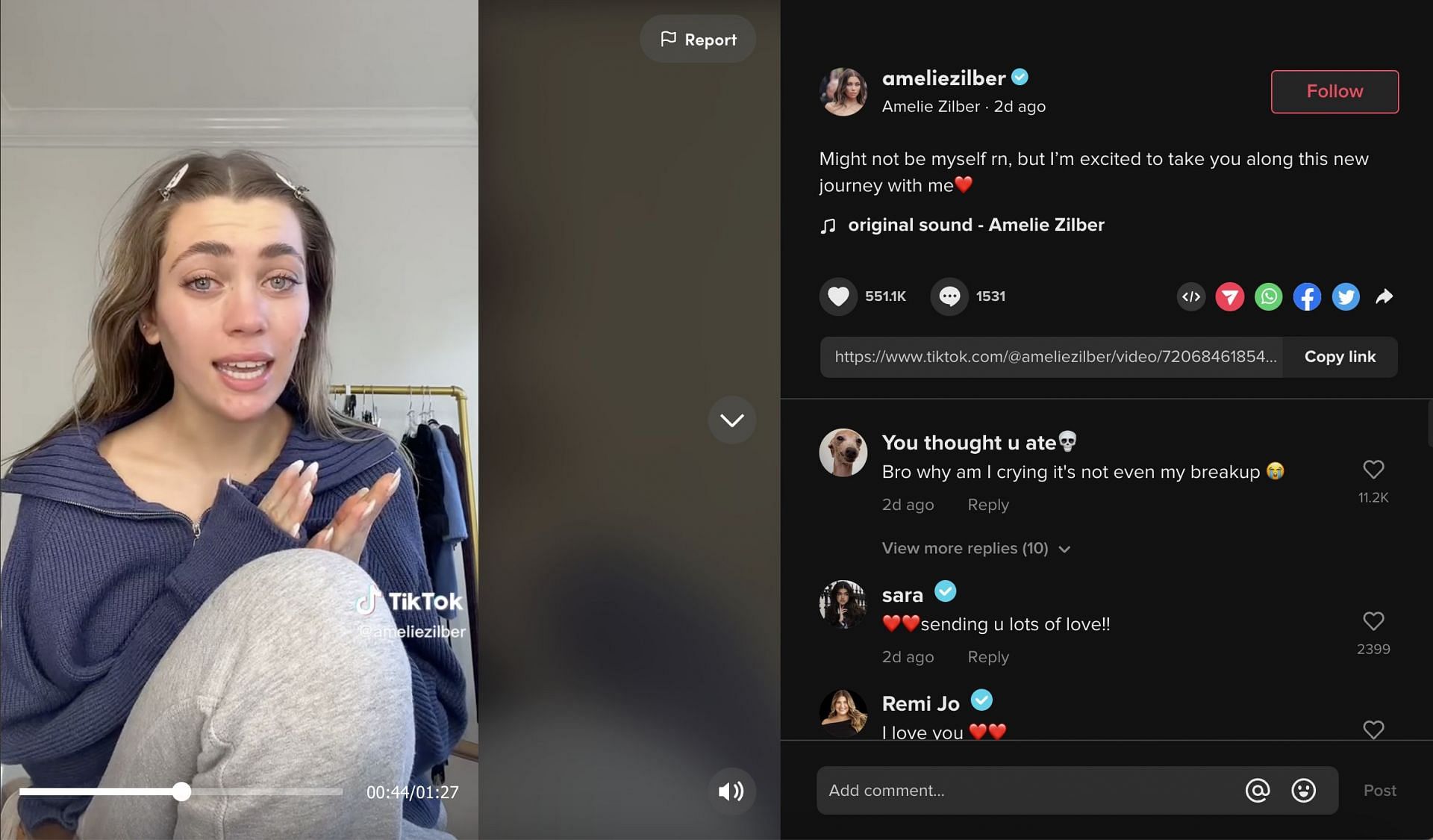 In an emotional video on TikTok, Amelie Zilber announced her breakup with Blake. (Image via TikTok)