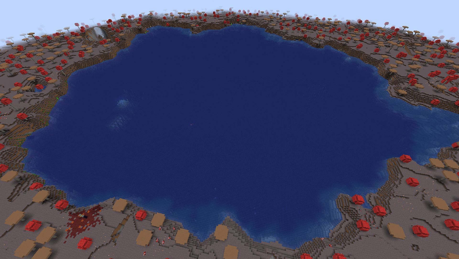 This seed&#039;s mushroom island has a bit of a secret within its central lake (Image via Mojang)