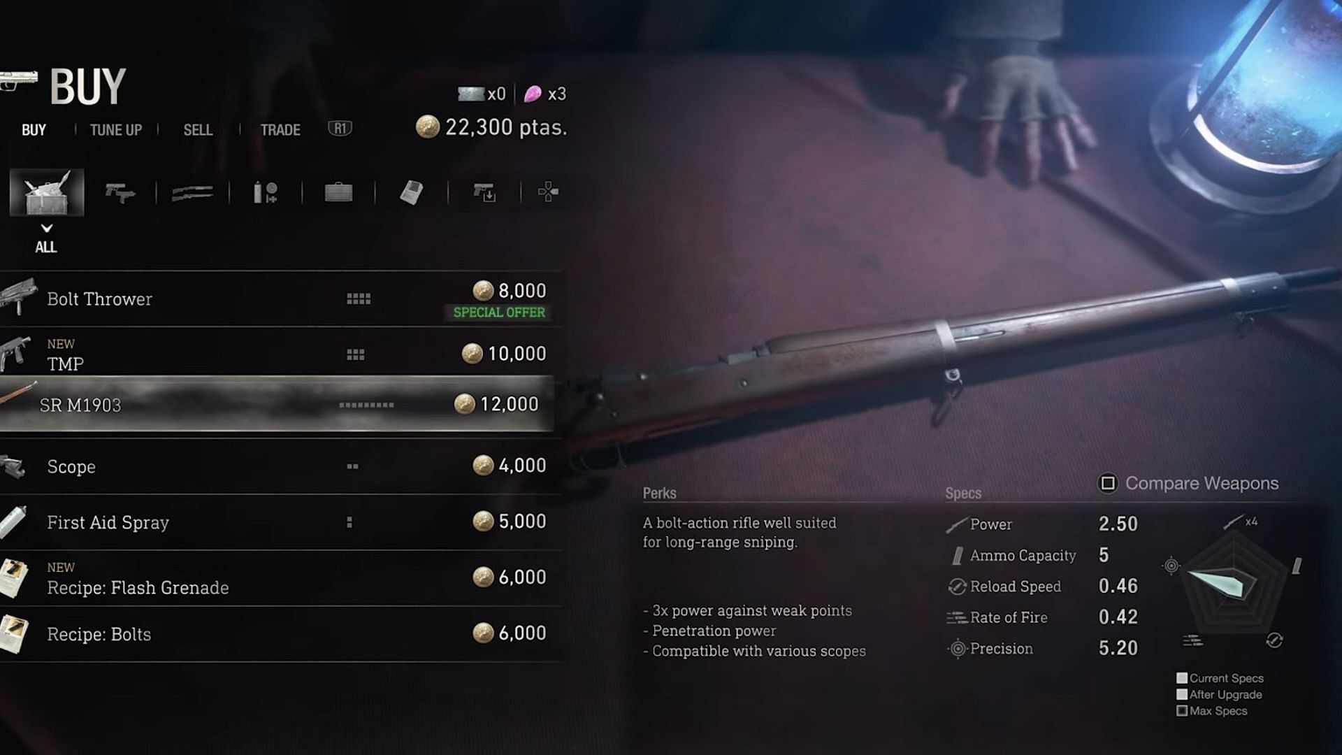 You can buy the SR M1903 rifle from the Merchant (Image via Capcom)