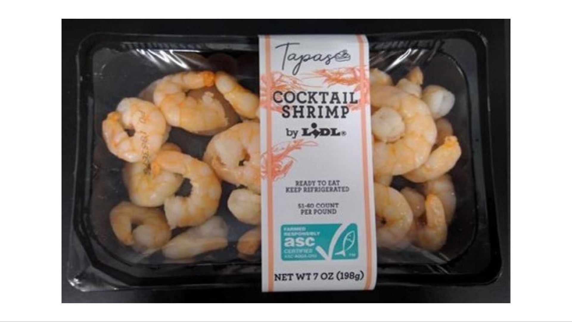 A pack of the recalled 7 oz. Tapas branded Cocktail Shrimp that was sold at Lidl stores in Delaware, District of Columbia, Georgia, Maryland, New Jersey, New York, North Carolina, Pennsylvania, South Carolina, and Virginia (Image via FDA)
