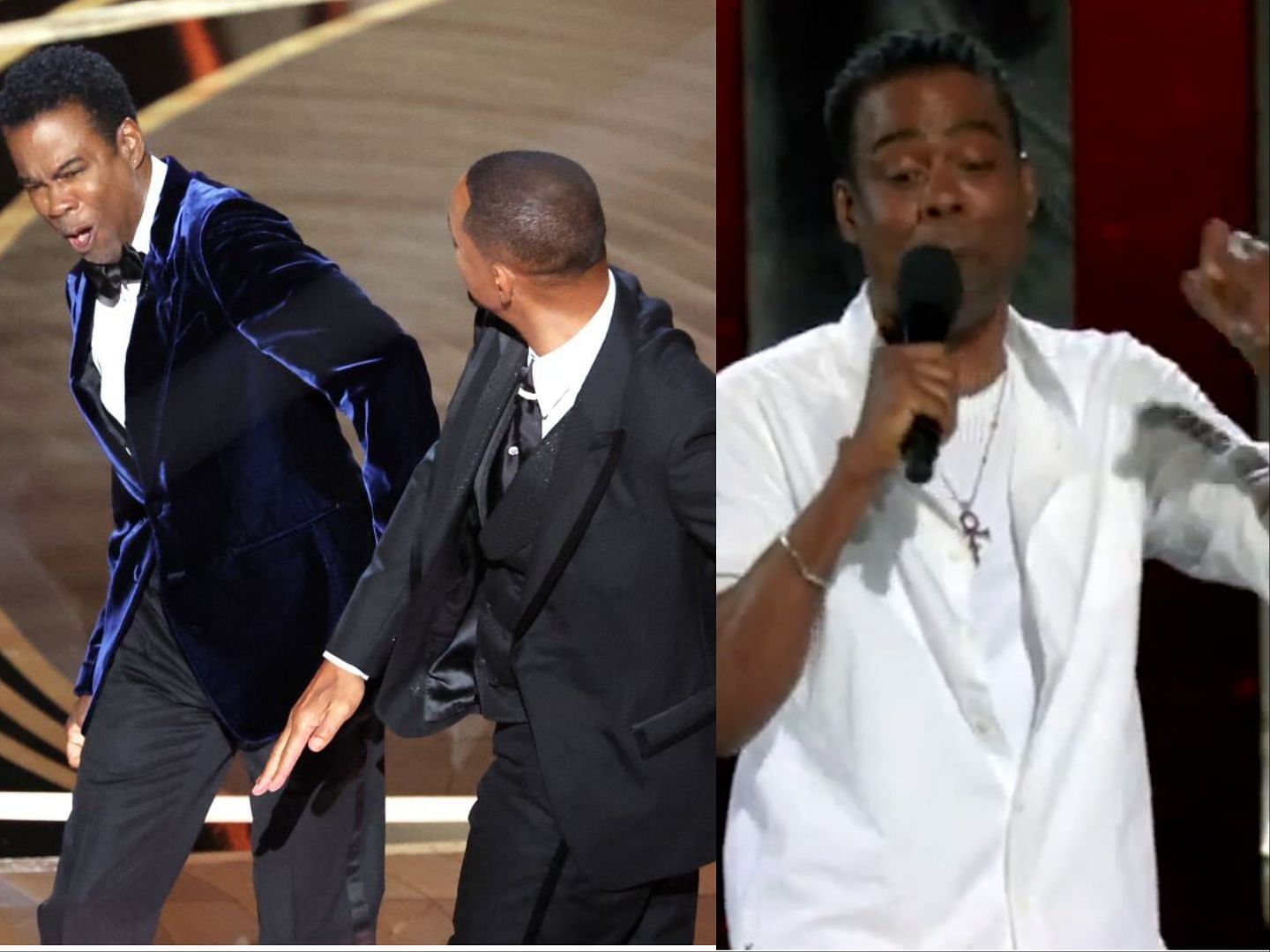 Chris Rock reacts to slap gate row (Image via Oscars (Left) Netflix (Right))