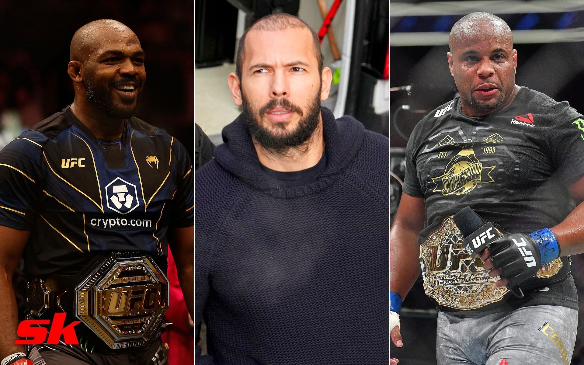 Jon Jones (left), Andrew Tate (center - via @skysports.com), Daniel Cormier (right)