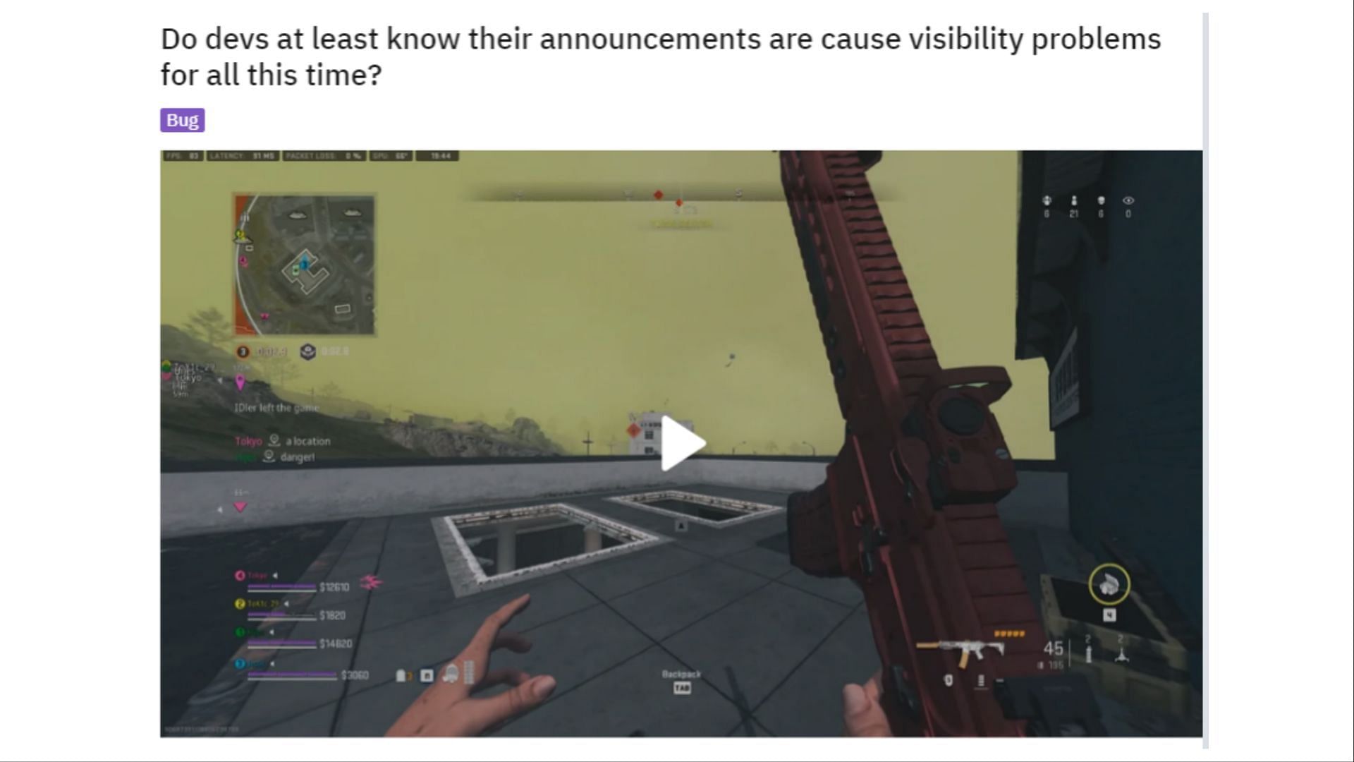 A Reddit post showing the problem that&#039;s faced by players due to this HUD notification (Image via Reddit)