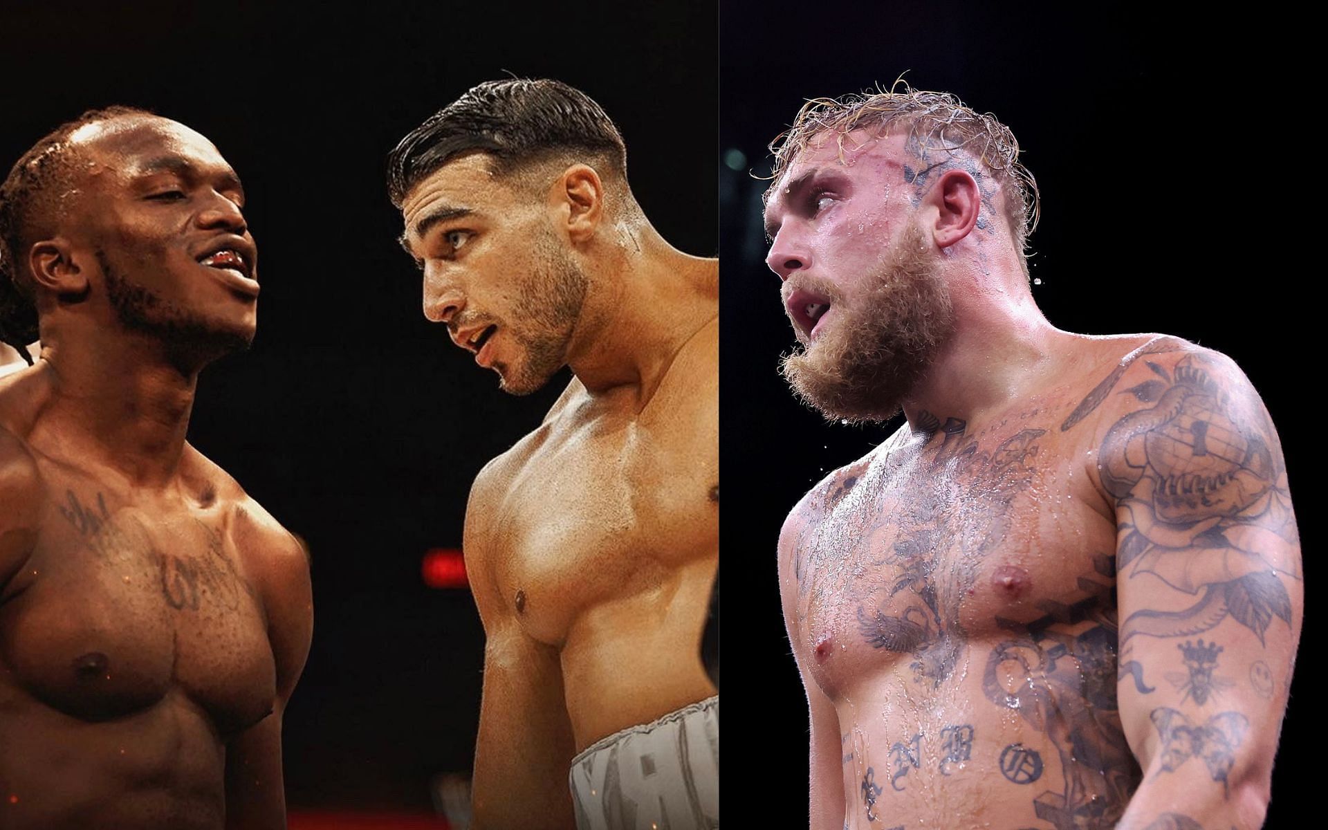 KSI and Tommy Fury [Left] Jake Paul [Right] [Images courtesy: @HappyPunchPromo and @MMAFighting (Twitter)]