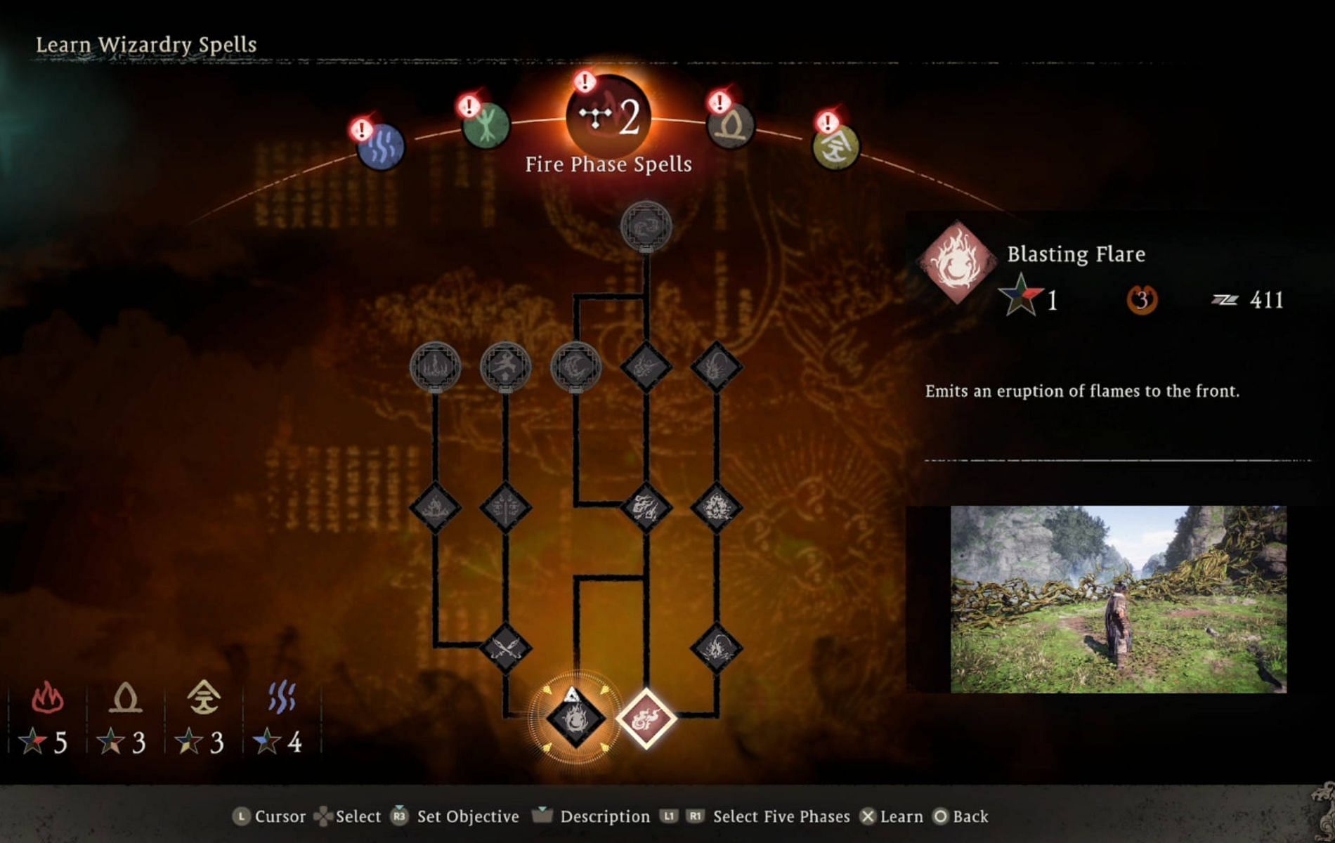 There are 14 spells to learn in the Fire spell phase (Image via Koei Tecmo)