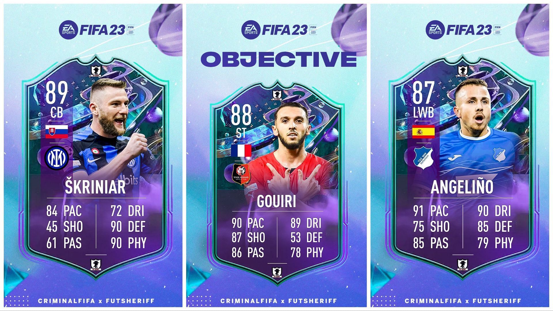 Skriniar, Gouri and Angelino have been leaked as Fantasy FUT cards (Images via Twitter/FUT Sheriff)
