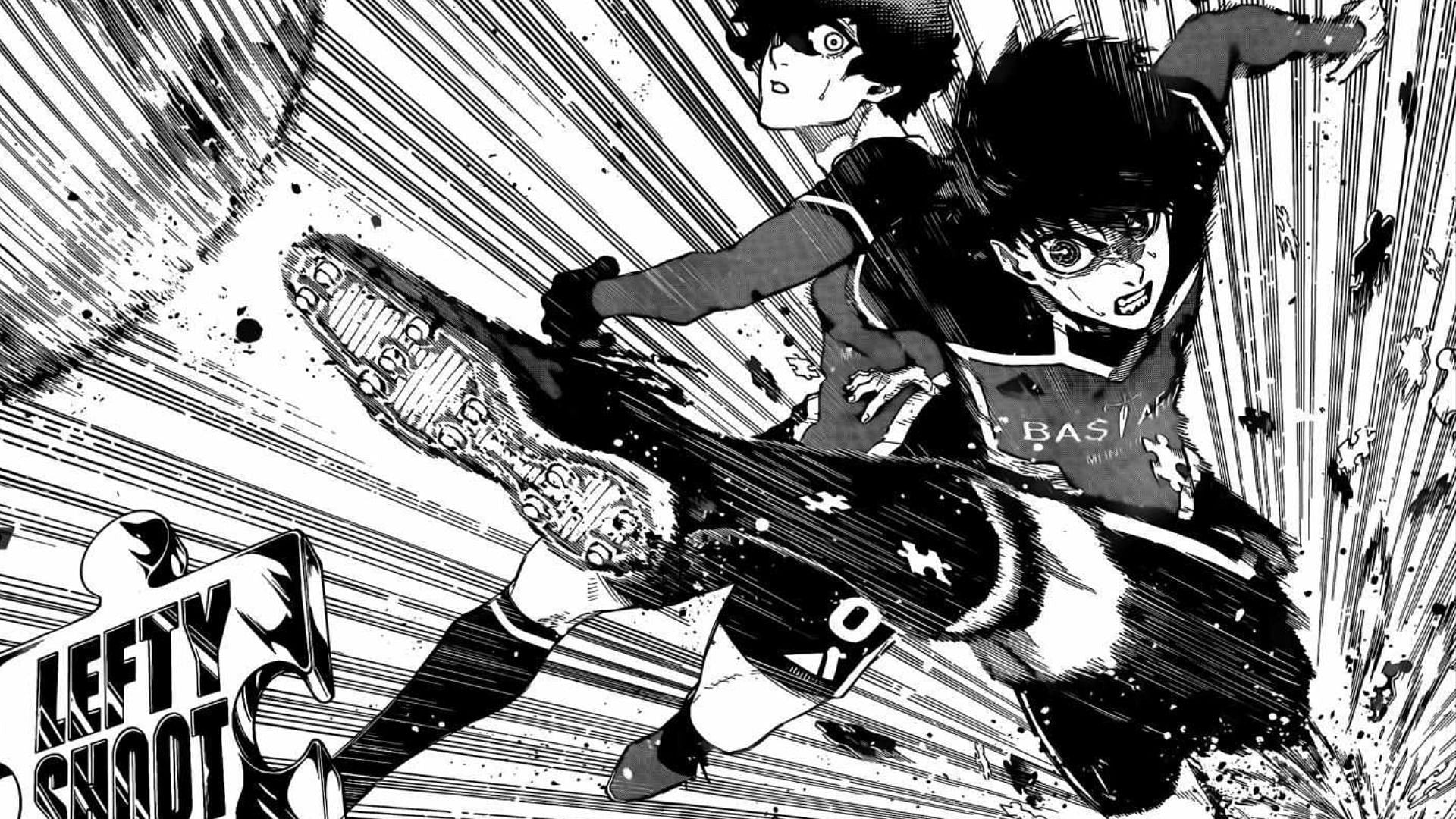 Isagi shoots with his left foot in Blue Lock chapter 212 (Image via Kodansha)