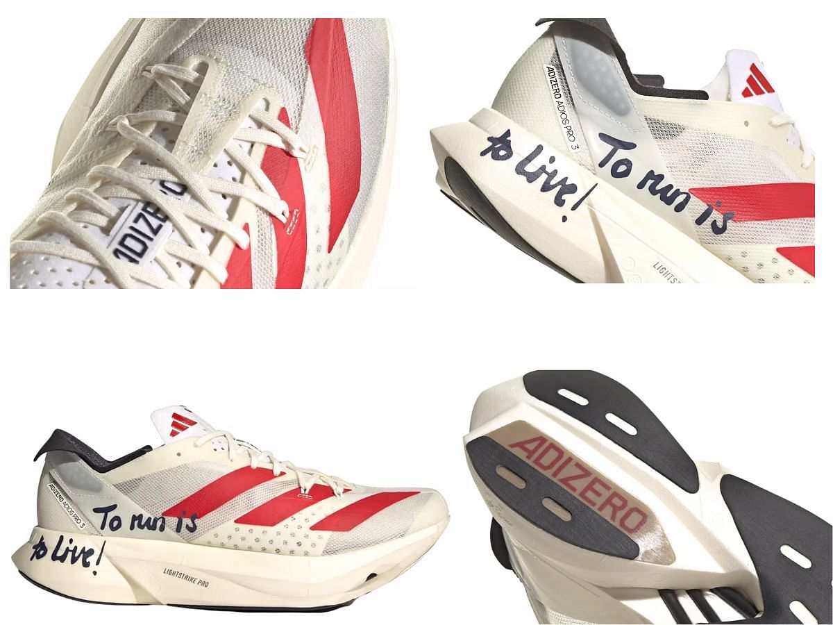 Adidas ADIZERO Pro 3.0 &quot;To Run Is To Live!&quot; sneakers close-ups (Image via Sportskeeda)