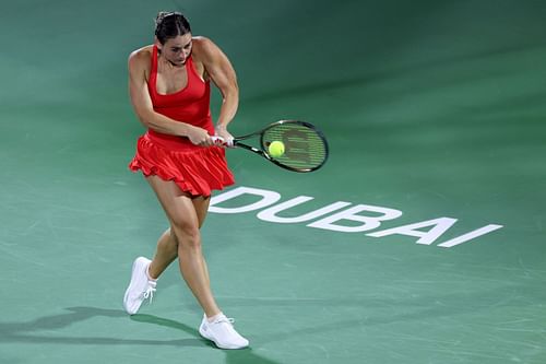 Marta Kostyuk in action at the Dubai Tennis Championships